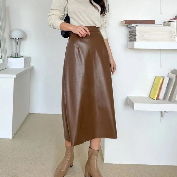 brown split back PU leather midi skirt fall winter chic classy trending - Picture 2 of 7